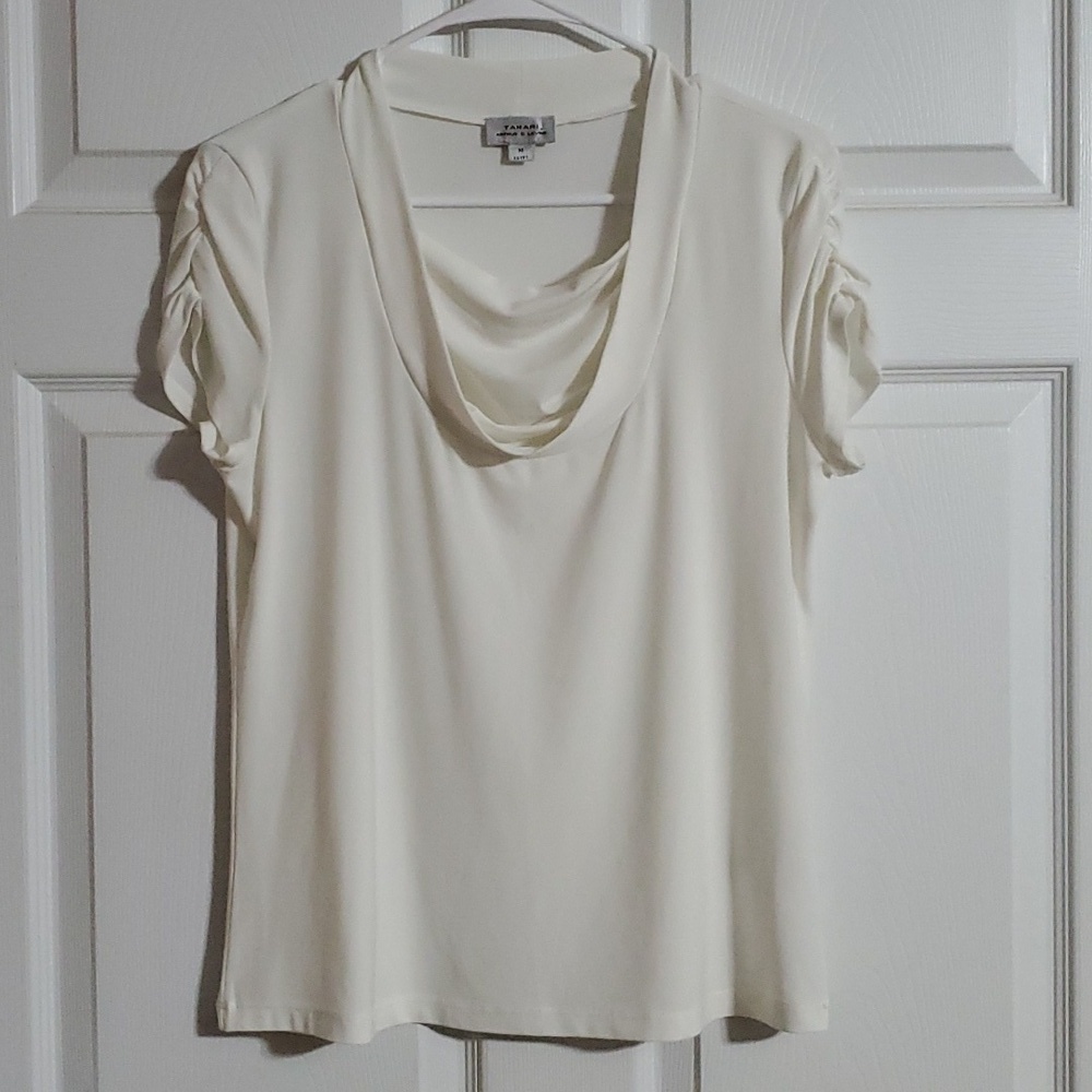 Tahari Cowl Neck Blouse Ivory Ruched Short Sleeve Stretch Size M